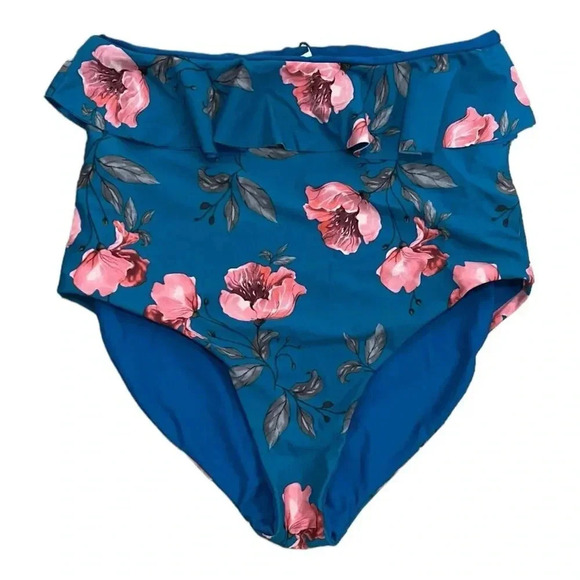 Coral Reef Teal Floral Ruffle High Waisted Reversible Bikini Bottoms L - Picture 1 of 4